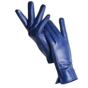 luva feminina em couro azul royal elegante vista frontal com acabamento sofisticado