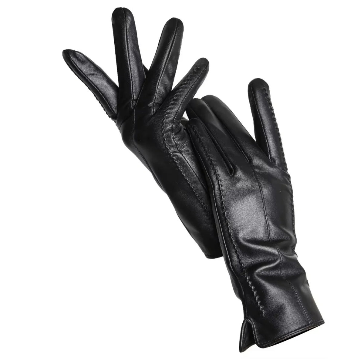 Par de luvas femininas em couro preto touch screen Verona Classic em fundo branco para catálogo