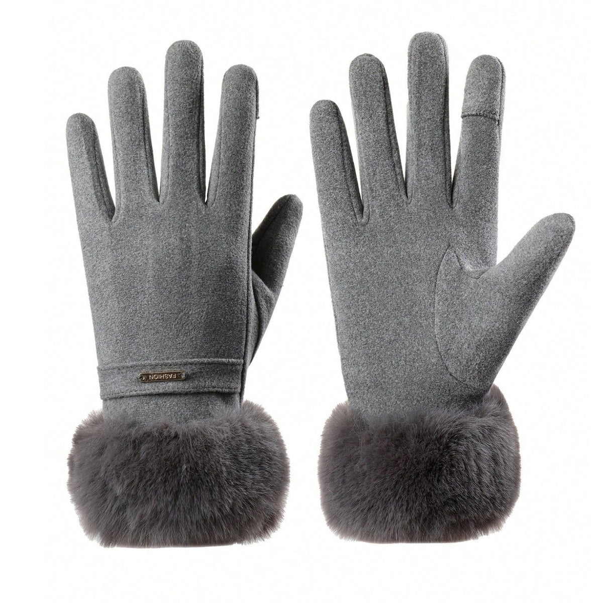 Par de luvas femininas térmicas cinza com punho peluciado Frost Plush em fundo branco para catálogo