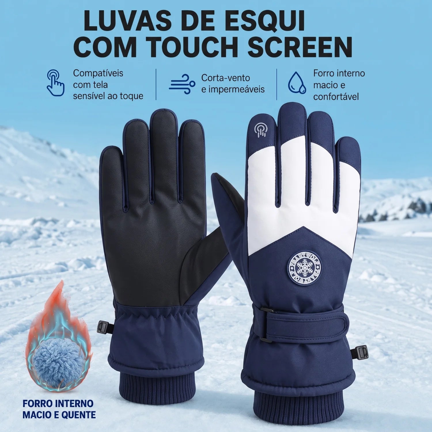 Luva de esqui feminina azul marinho com forro macio e proteção corta-vento

