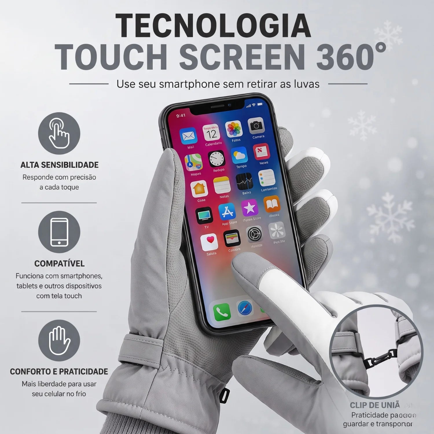 luva térmica impermeável touch screen 360 graus branca e cinza na neve