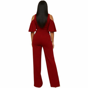  macacao feminino longo carmesim saybeleze decote em V transpassado e modelagem pantalona costas