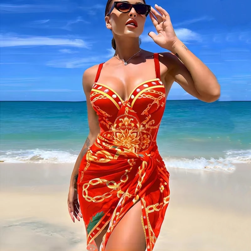 Mulher usando maio estruturado vermelho com detalhes barrocos dourados e pareo modelo Red Imperial em vista frontal