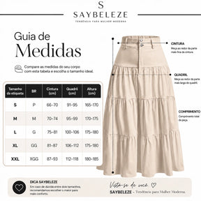 Saia Evasê Feminina Midi Bege Cintura Alta