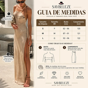 detalhes tabela de medidas Vestido longo feminino em tricô bege costas nuas Milos Glam em fundo branco