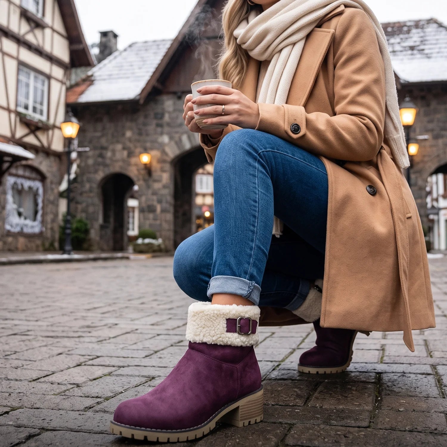 modelo usando e desfilando com bota feminina de camurça cor vinho