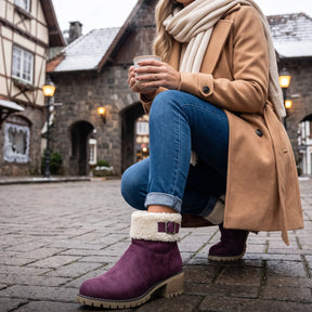 modelo usando e desfilando com bota feminina de camurça cor vinho