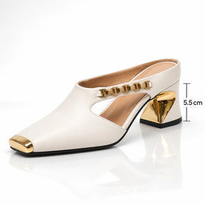 Mule feminino bege elegante com salto geométrico de 5,5 cm