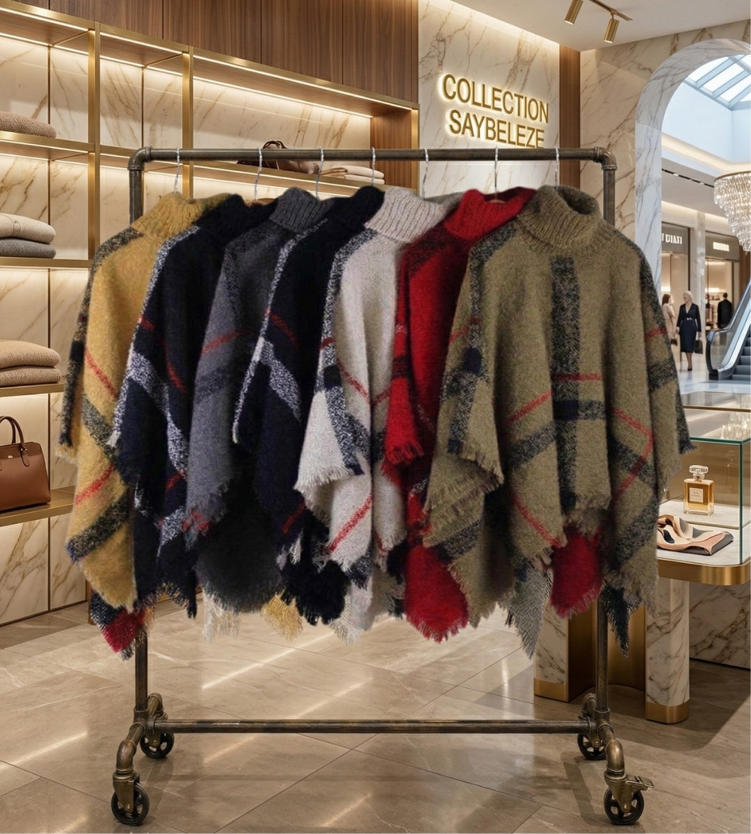 ponchos femininos em tricô com estampa xadrez em diversas cores elegantes para inverno elegantes