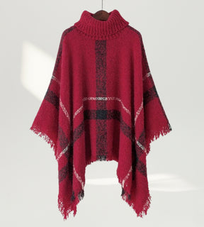 poncho feminino vermelho borgonha com design elegante e acabamento em franjas