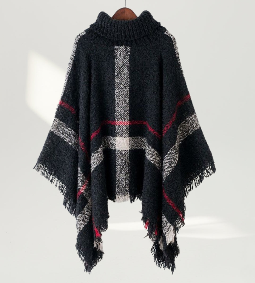 poncho feminino preto com caimento amplo e visual refinado para dias frios