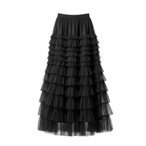 Saia plissada feminina midi em tule preto com babados