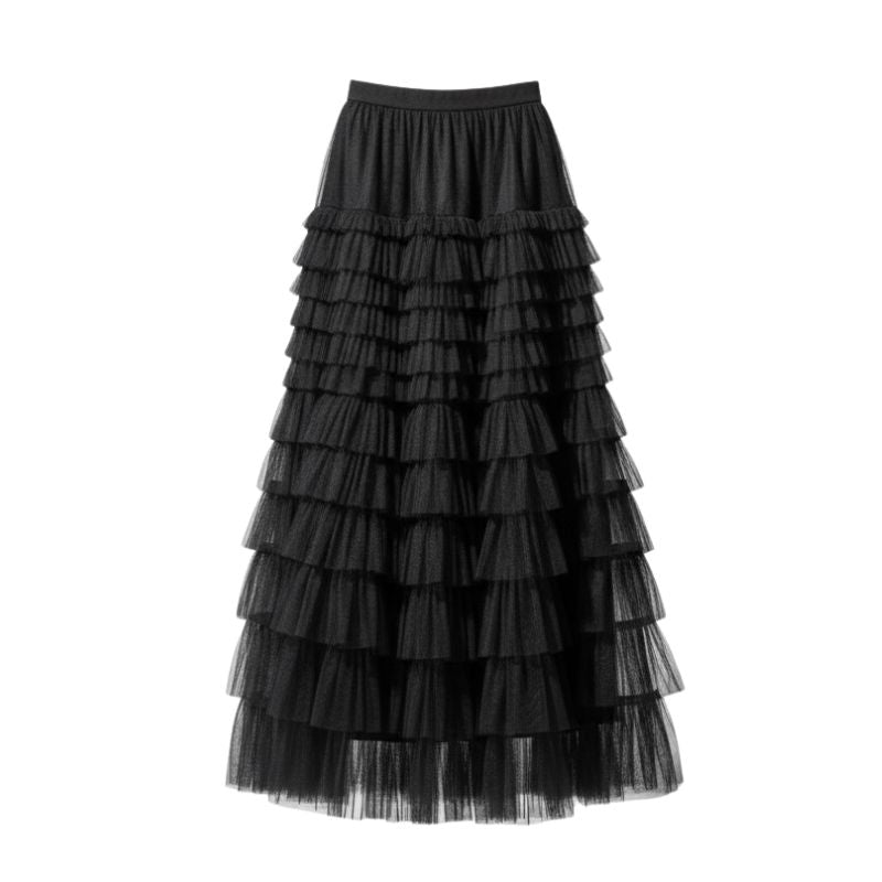 Saia plissada feminina midi em tule preto com babados