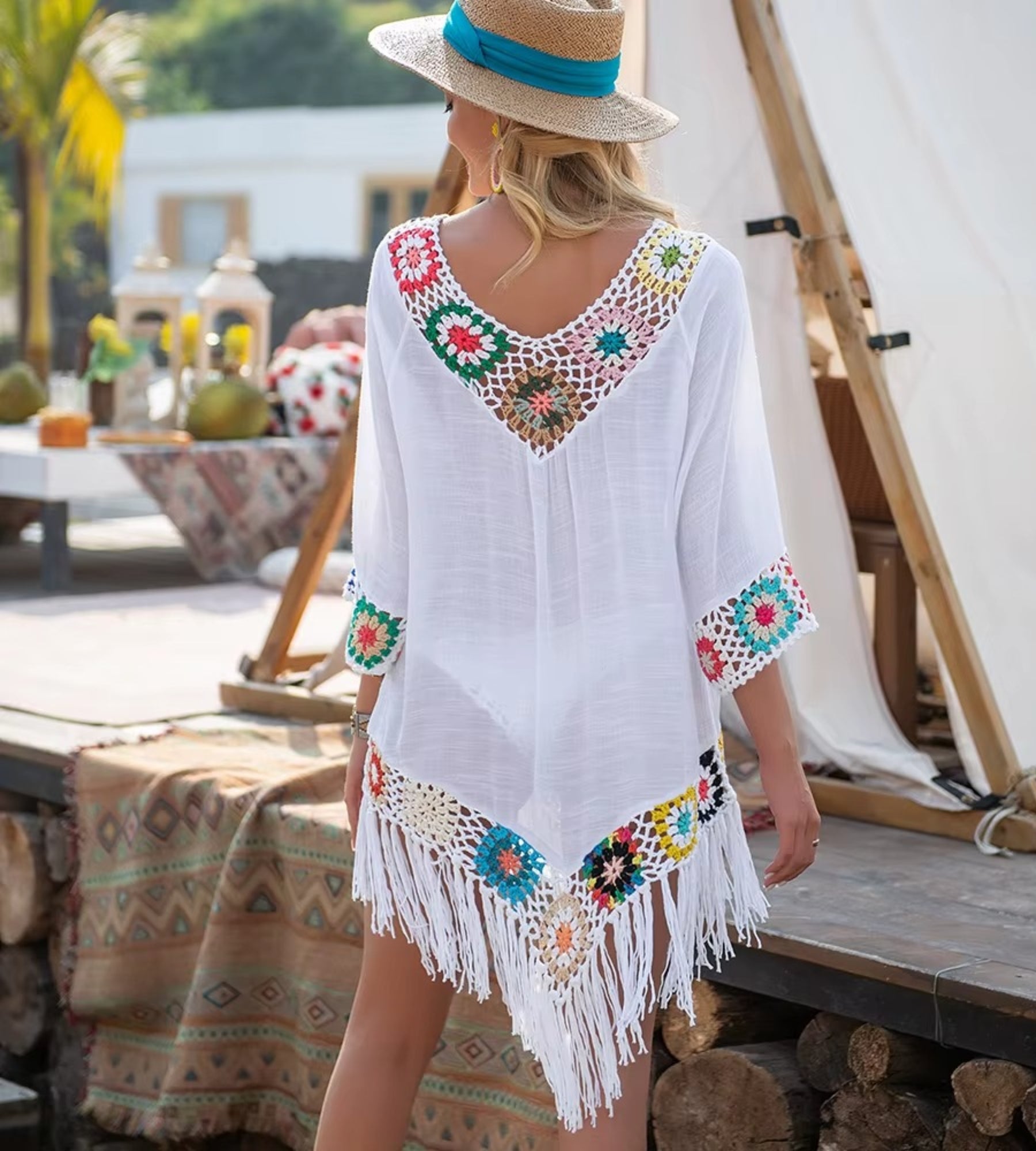 Saída de praia artesanal em algodão estilo boho chic
