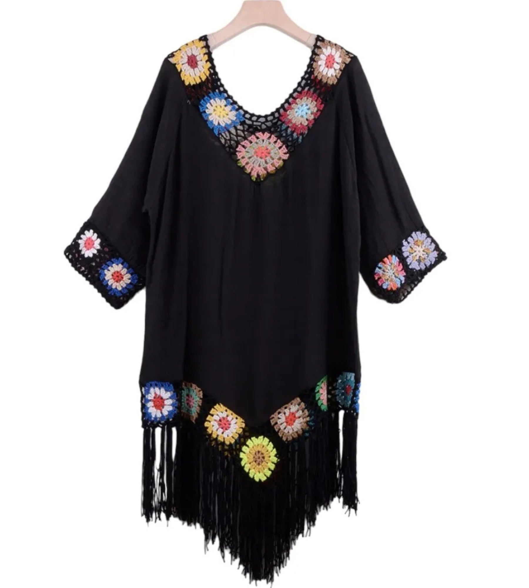 Saída de praia feminina crochê floral elegante detalhes preto
