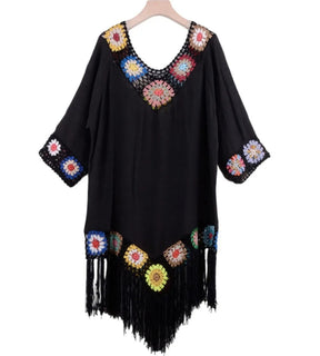 Saída de praia feminina crochê floral elegante detalhes preto