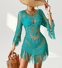 vestido praia crochê vazado feminino verde frente