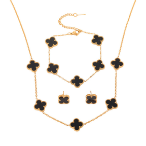 Conjunto de 3 peças Trevo de Quatro Folhas da Sorte em aço inoxidável banhado a ouro 18K