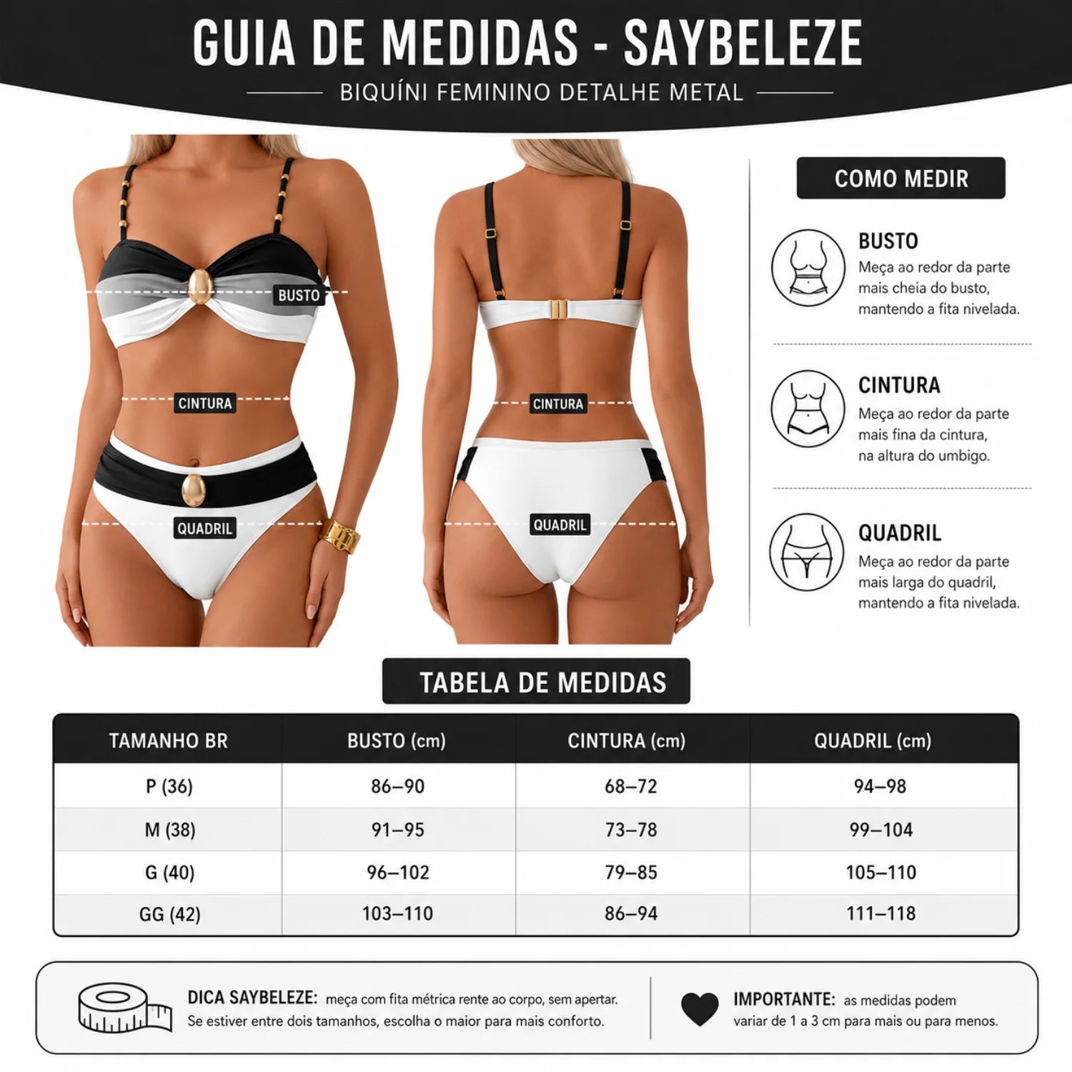 modelo de costas apresentando Biquíni feminino preto com cinza e branco e detalhe dourado