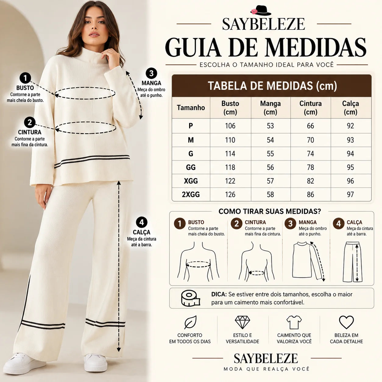 Tabela de medidas com busto manga cintura e comprimento da calça em cm do conjunto feminino