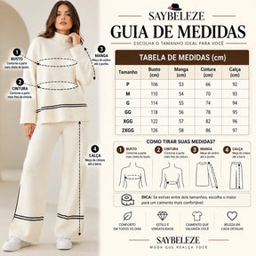Tabela de medidas com busto manga cintura e comprimento da calça em cm do conjunto feminino