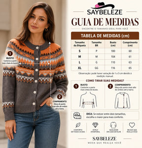 Tabela de medidas com tamanho BR busto e comprimento em cm do cardigan feminino em tricô
