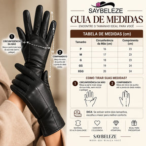 Tabela de medidas com circunferência da mão e comprimento em cm da luva feminina de couro preta