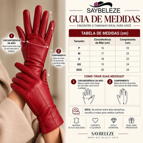 Tabela de medidas com circunferência da mão e comprimento em cm da luva feminina de couro vermelha