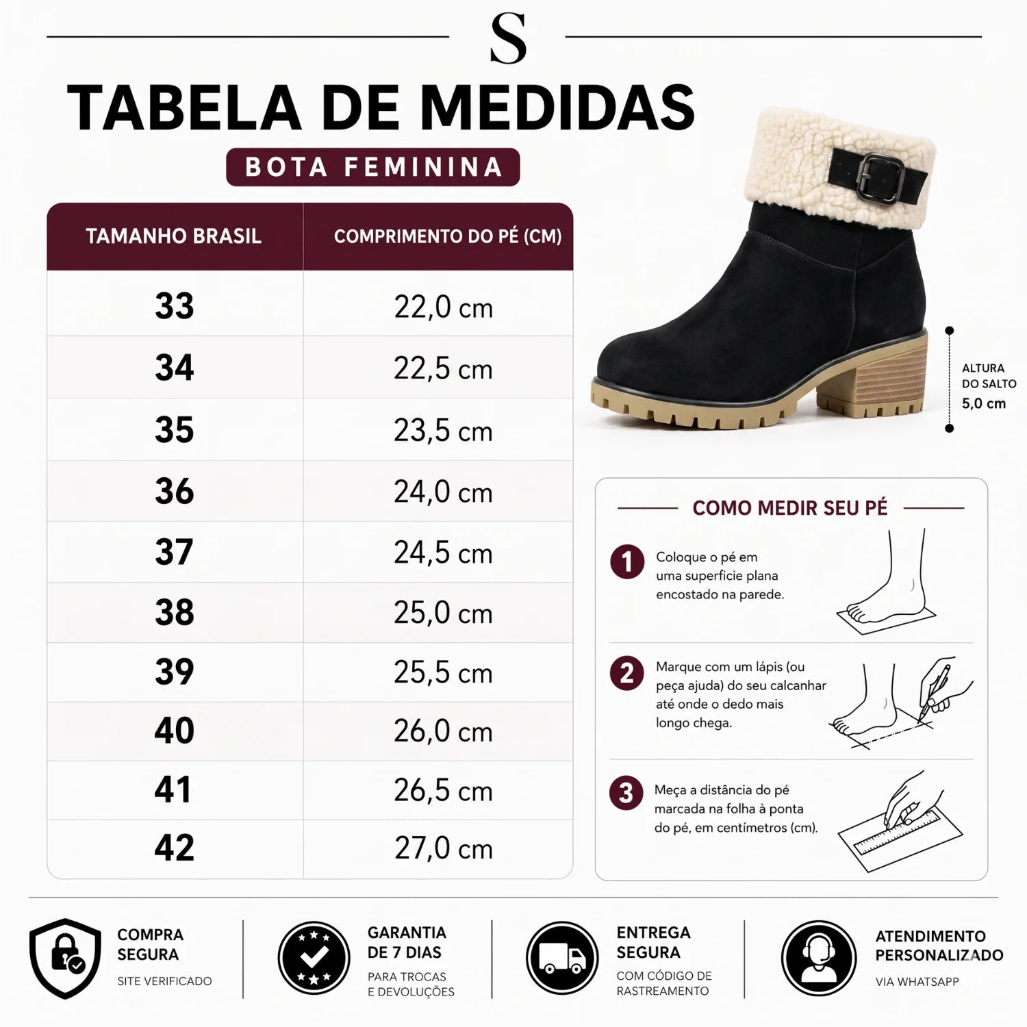 Tabela de medidas da numeração com comprimento da palmilha em cm da bota de camurça forrada