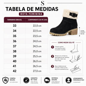 Tabela de medidas da numeração com comprimento da palmilha em cm da bota de camurça forrada