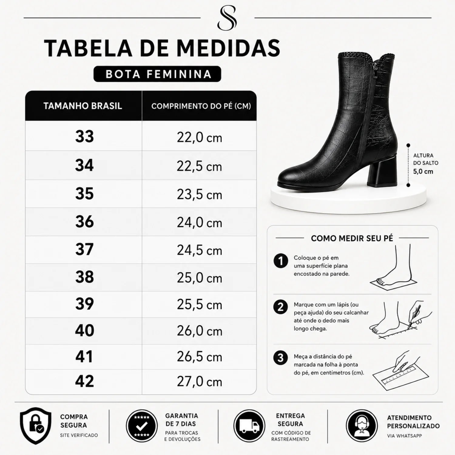 Tabela de medidas da numeração com comprimento da palmilha em cm para bota feminina de cano médio