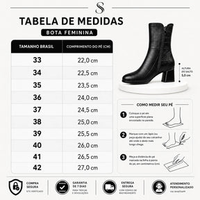 Tabela de medidas da numeração com comprimento da palmilha em cm para bota feminina de cano médio