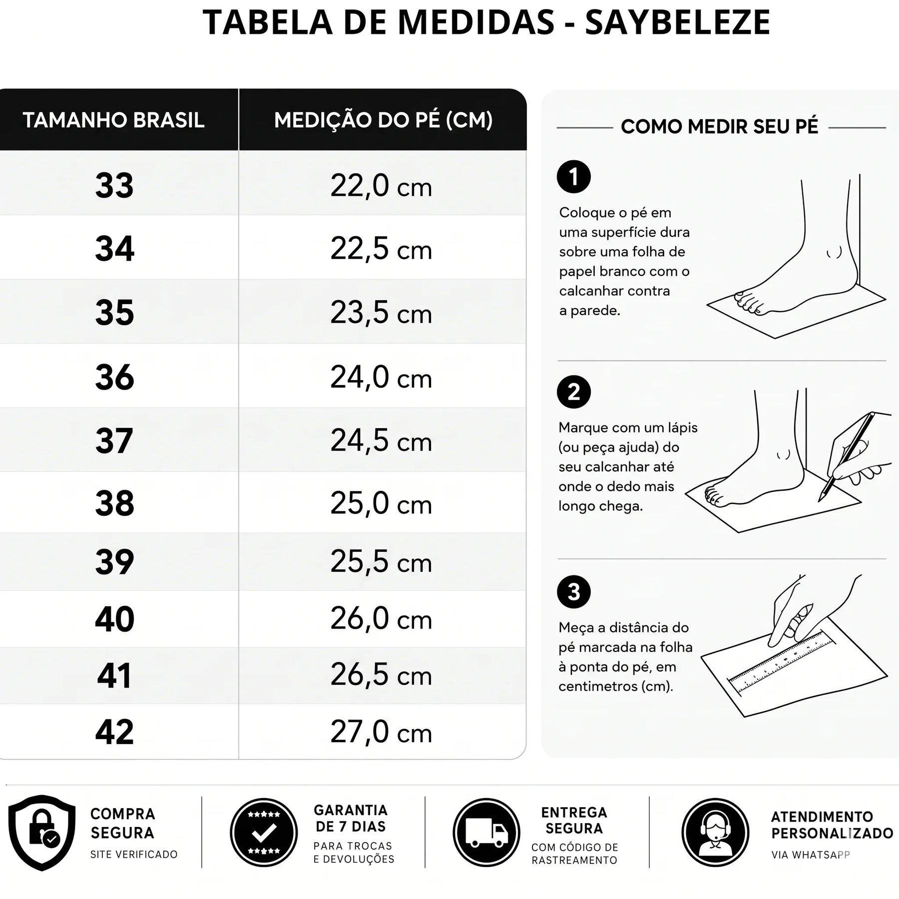 Tabela de medidas da numeração com comprimento da palmilha em cm para bota feminina de cano médio