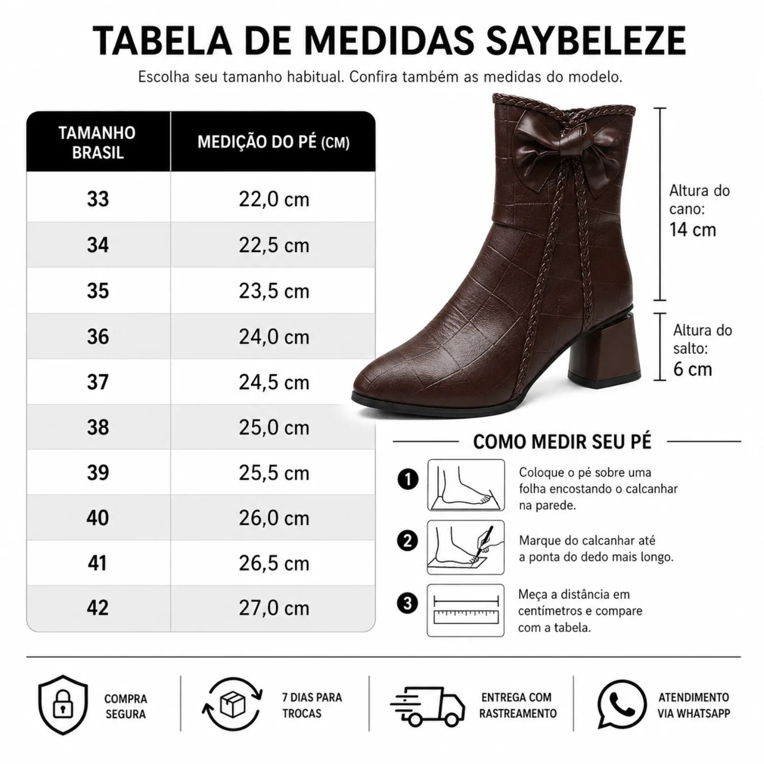 Tabela de medidas da numeração com guia de tamanho da palmilha em cm para bota feminina