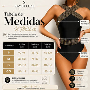 Tabela de medidas e guia de tamanhos do maiô feminino preto frente única modelador