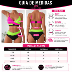 tabela de medidas do Biquíni feminino colorido para praia, piscina e verão