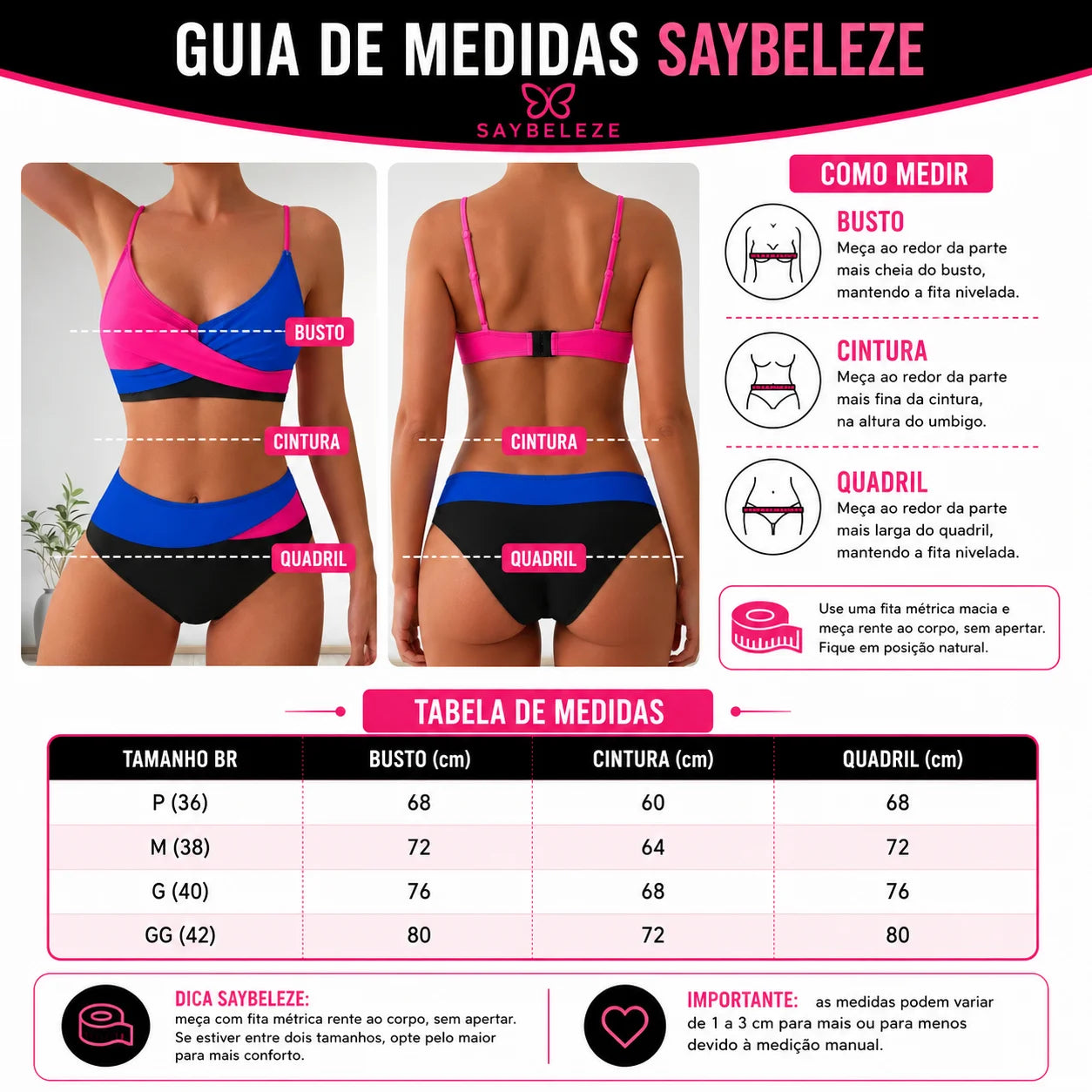 Conjunto Feminino de Praia Cintura Alta Azul, Rosa e Preto