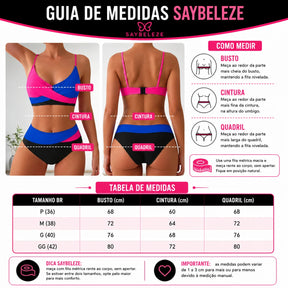Conjunto Feminino de Praia Cintura Alta Azul, Rosa e Preto