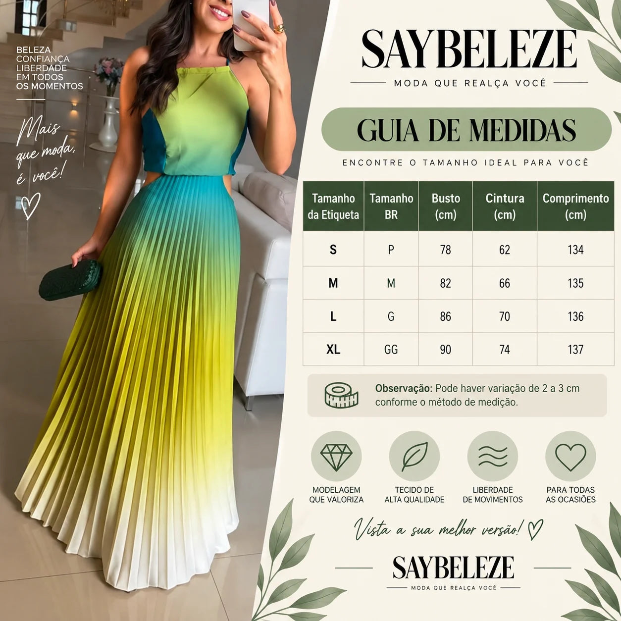 Quadro de medidas com busto cintura e comprimento em centimetros do vestido Marbella Saybeleze