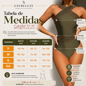 modelo em tabela de medidas Maiô Feminino Decote Cruzado Verde Militar Modelador  