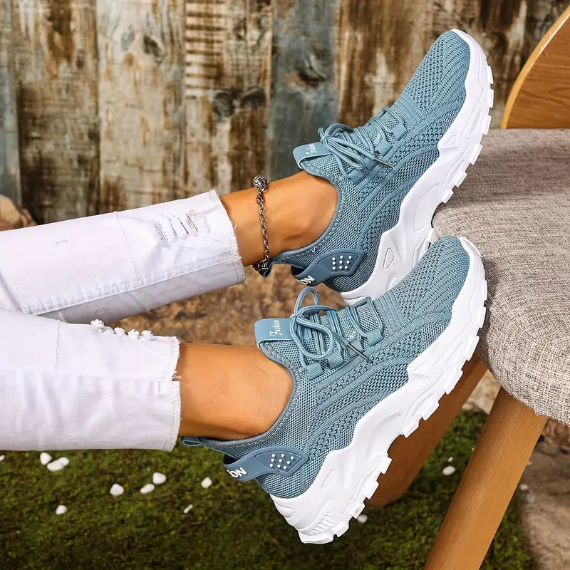 Tênis casual feminino azul knit respirável
