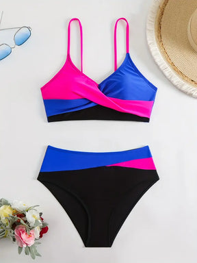 Top feminino de praia azul, rosa e preto com alças finas