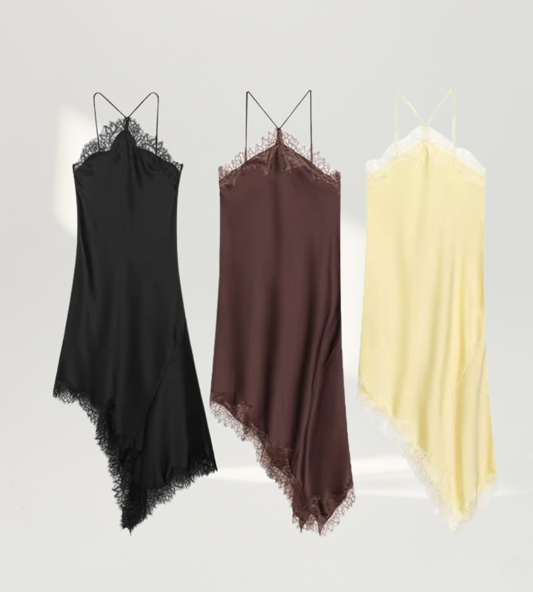tres cores do vestido e detalhes das costas nuas e alças finas reguláveis em vestido de luxo vestido midi cannes