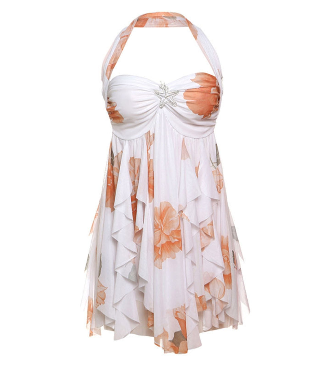 Vestido Curto Ischia com padronagem floral e aplicação no busto em cenário estudio para brading.