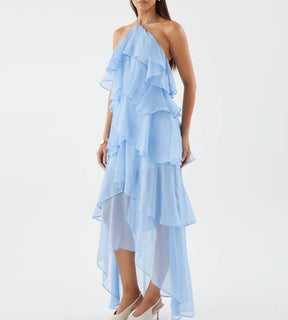 Vista de corpo inteiro do Vestido Charlotte ideal para eventos ao ar livre e ocasiões sofisticadas.