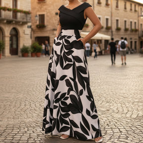 Modelagem elegante do vestido longo feminino com cintura marcada.