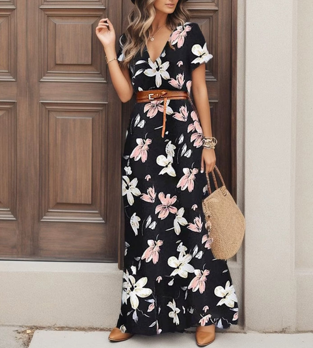 Mulher usando o clássico vestido preto longo Sevilla com padronagem paisley dourada.