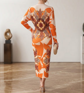 vestido midi elegante com costas sofisticadas e estampa marcante