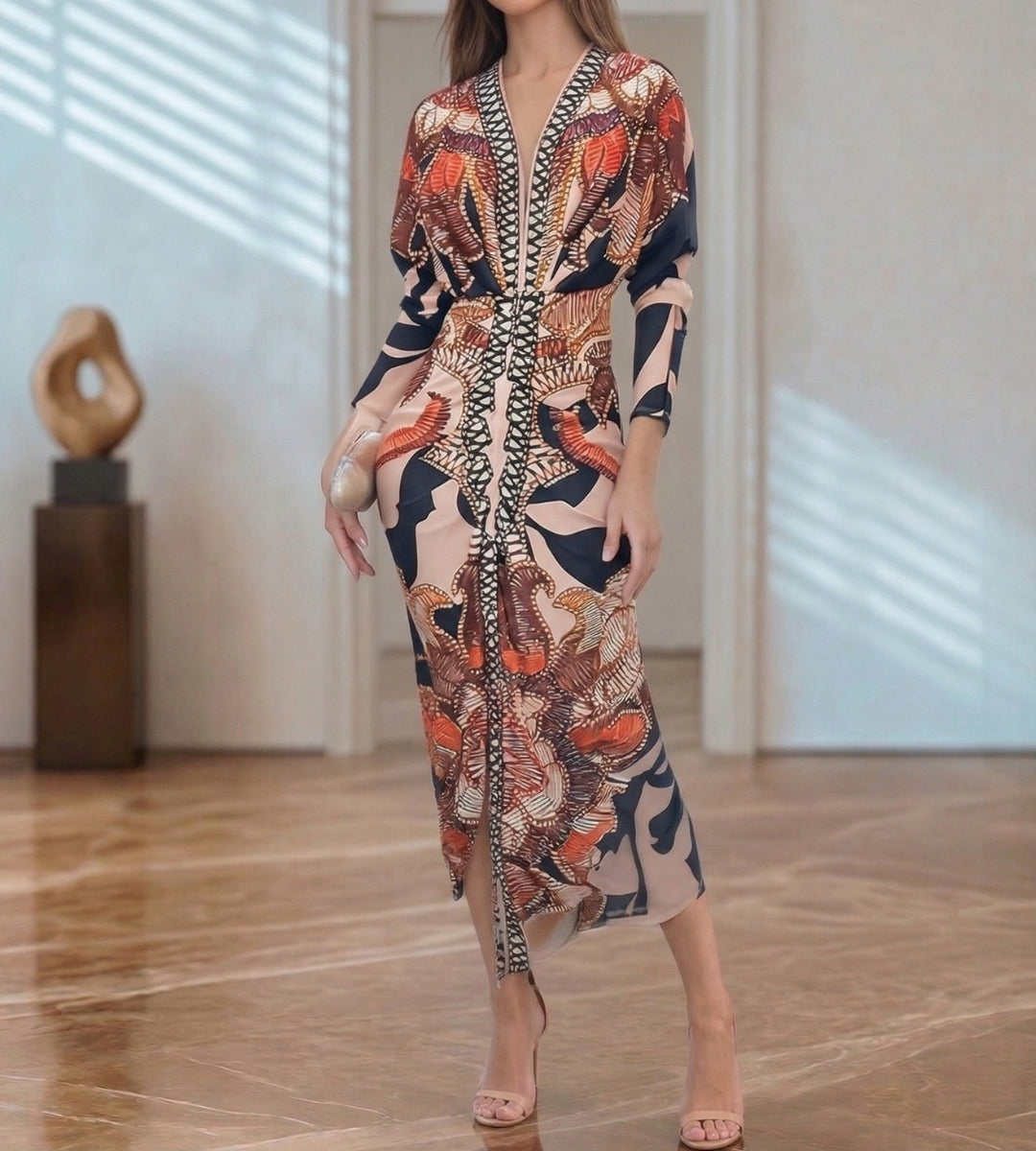 vestido midi com decote em v que alonga o colo