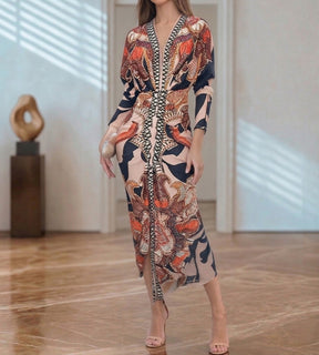 vestido midi com decote em v que alonga o colo